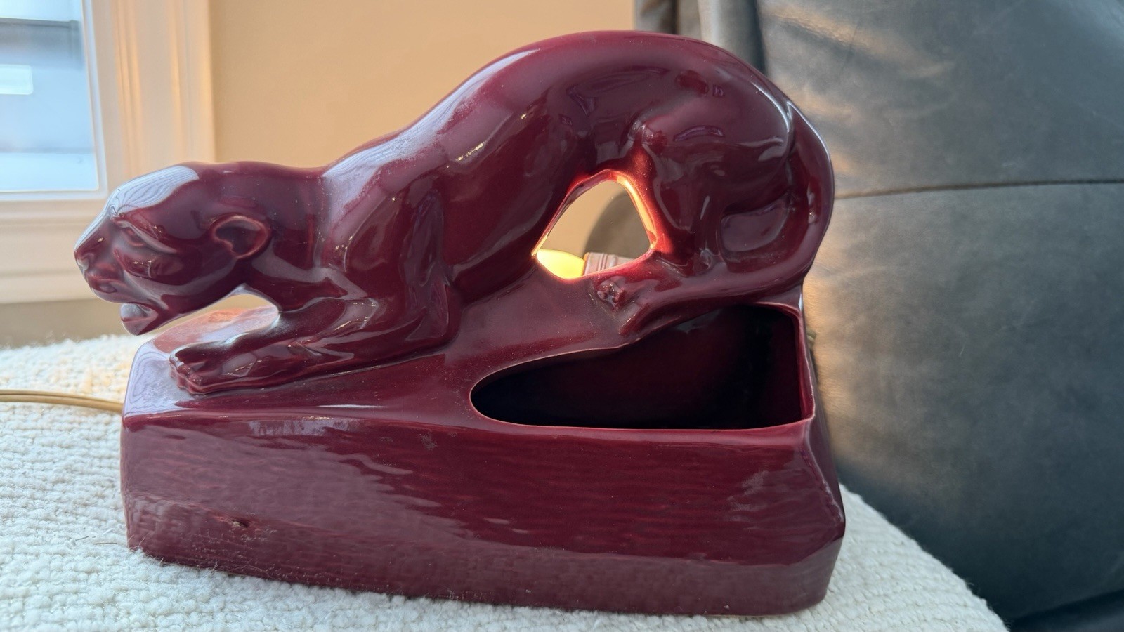 Vintage Burgundy Panther Lamp 1950s MCM Ceramic Works Perfect