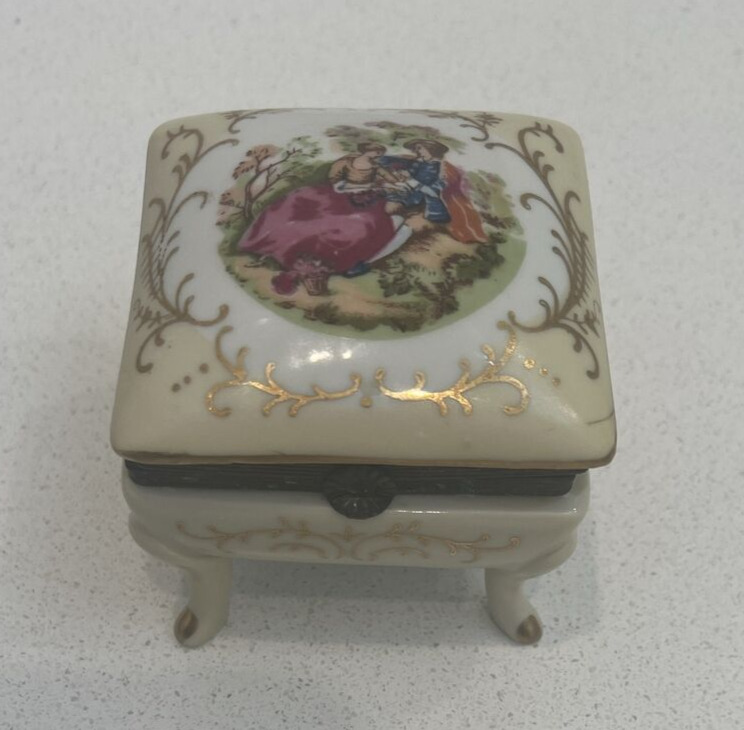 Ardco Porcelain Square Hinged Trinket Box Gold Victorian Couple Japan C-1424