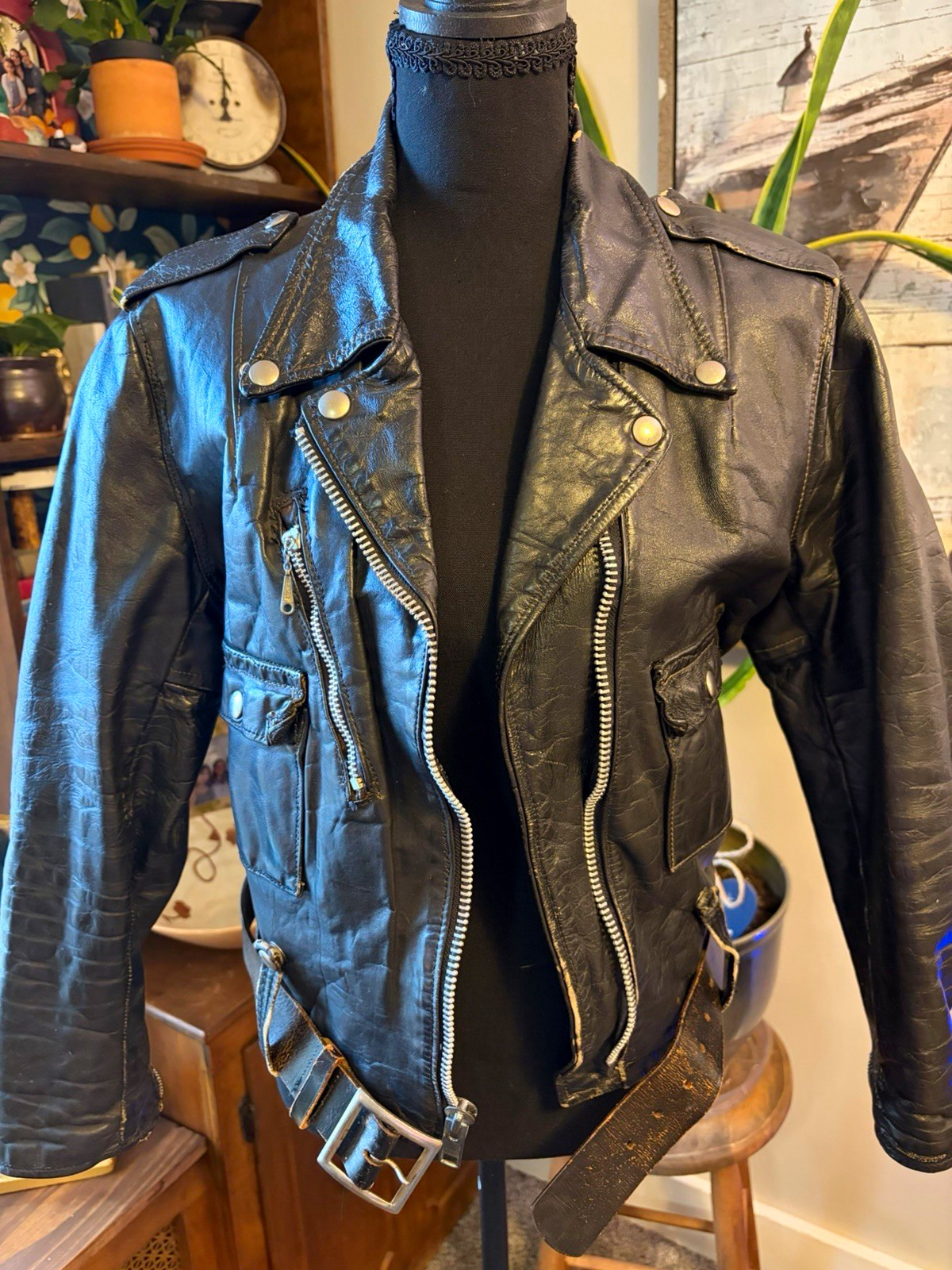Harley-Davidson Black Leather Motorcycle Jacket Belted Painted Back Graphic