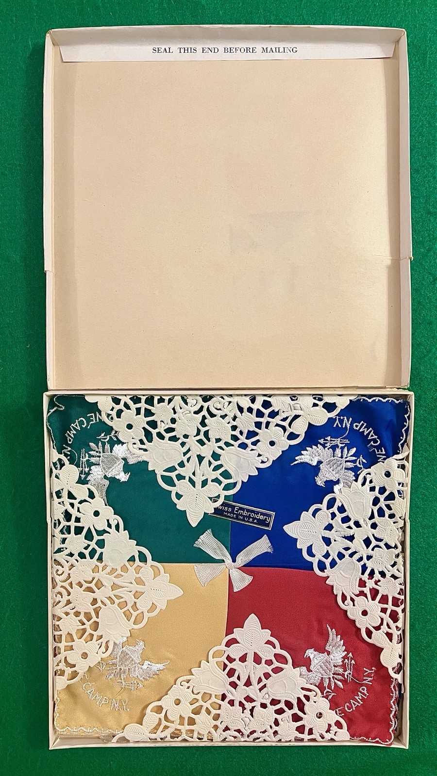 Original PINE CAMP New York Sweetheart Handkerchief Set WWII Embroidery ANTIQUE