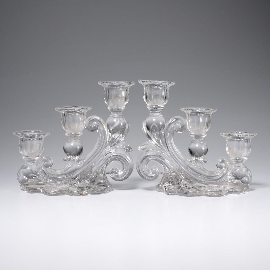 Cambridge Rose Point 3 Light Tiered Etched Candlesticks Pair 6.25