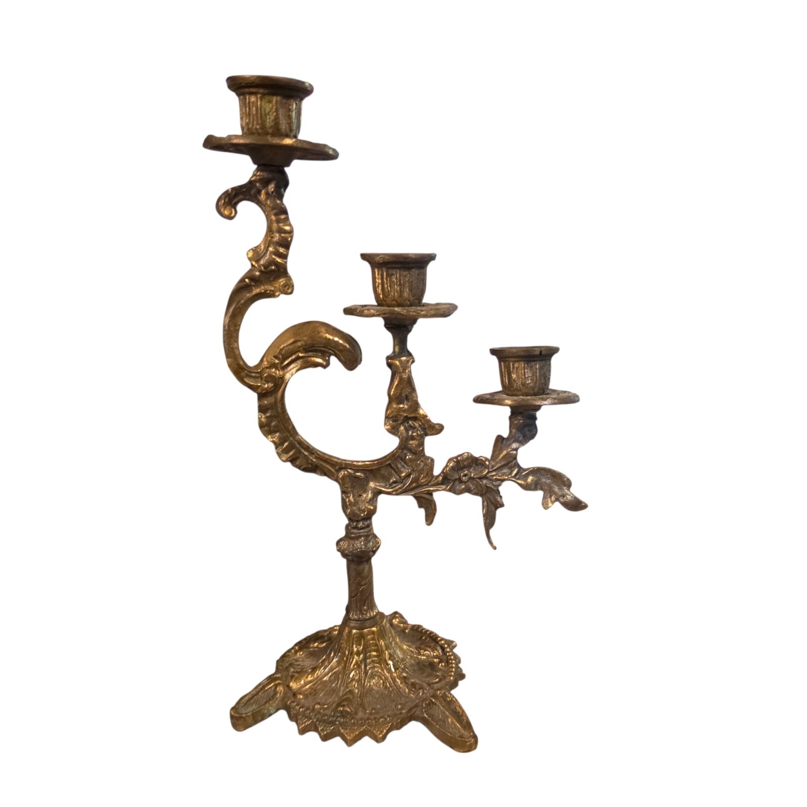 Antique 3-Light Brass Candelabra Rococo Floral Scroll 12.5” Ornate Candleholder