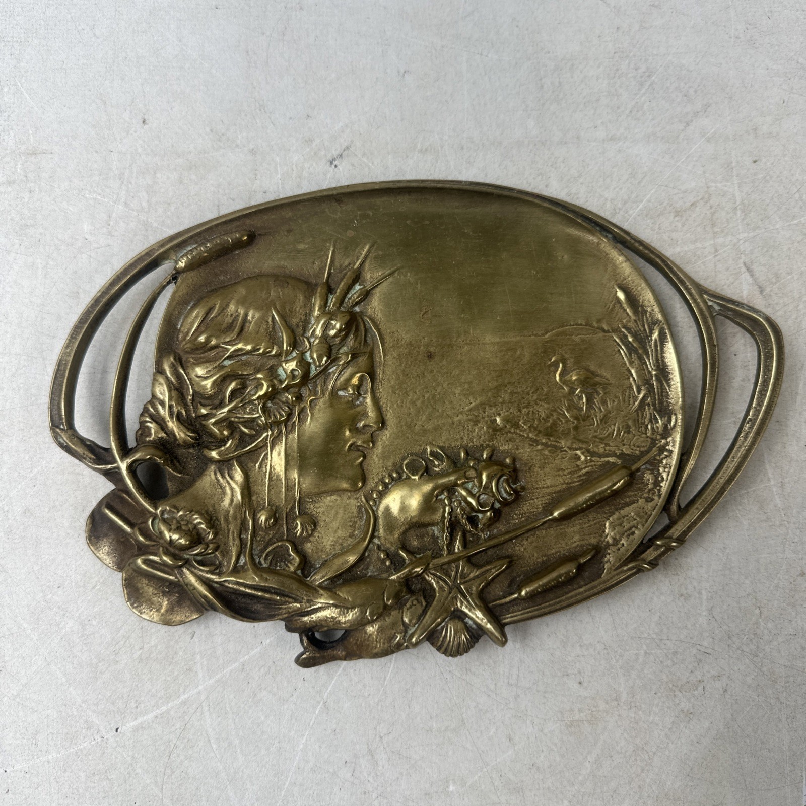 Antique Art Nouveau Bronze Card Tray Woman Profile Beautiful Detailed 1920’s