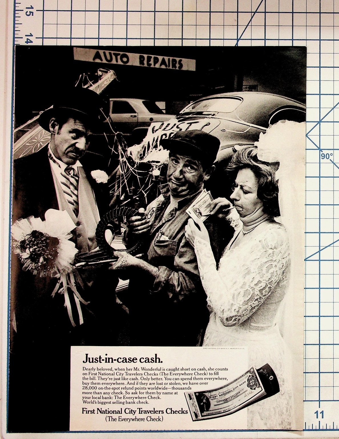 Vintage First National City Travelers Checks Ad Auto Repair Wedding Ephemera