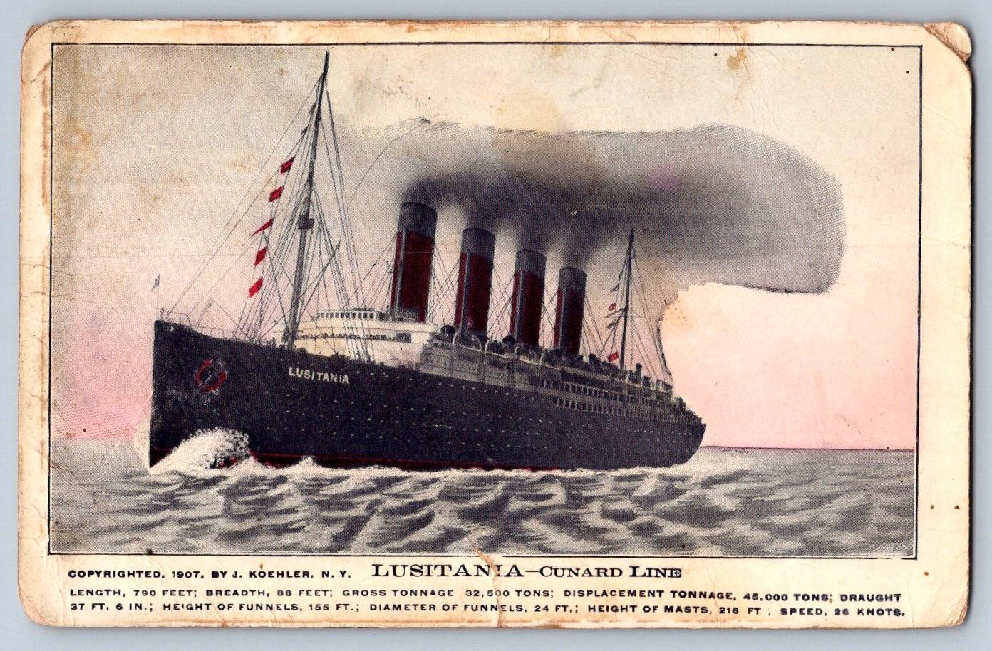 K67/ Interesting Postcard c1910 Lusitania Ocean Liner Sunk Cunard Line 388