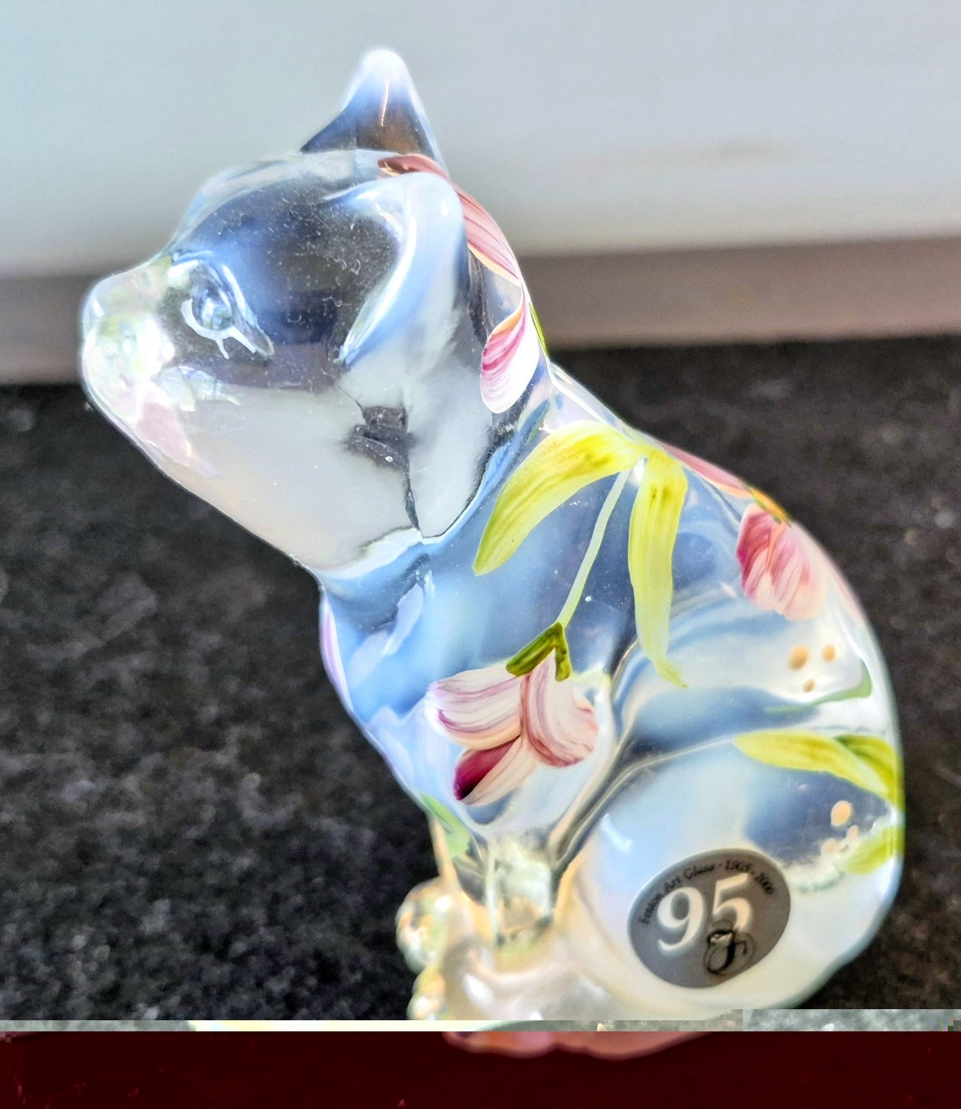 Ltd Fenton 95th Anniversary Hand Painted Opalescent Cat Figurine Duel Signed EUC
