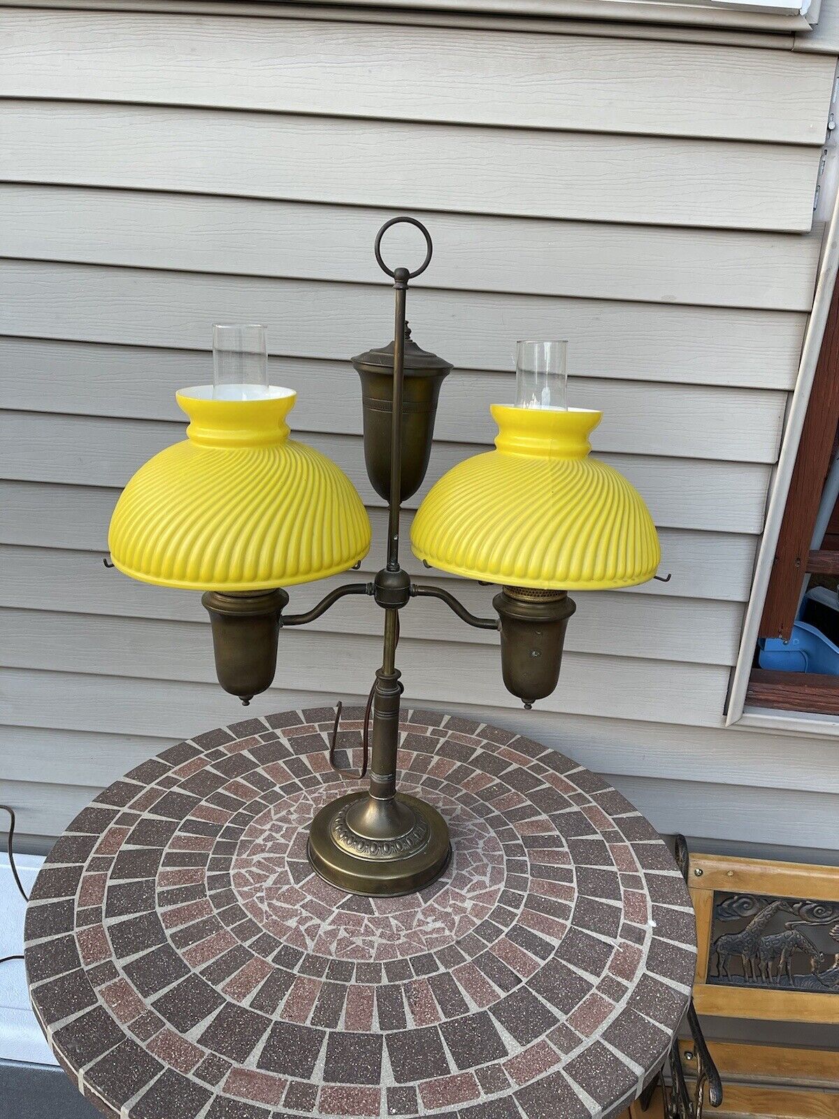 Vintage Double Globe w/ Yellow Ribbed Glass Shades Brass Student Lamp