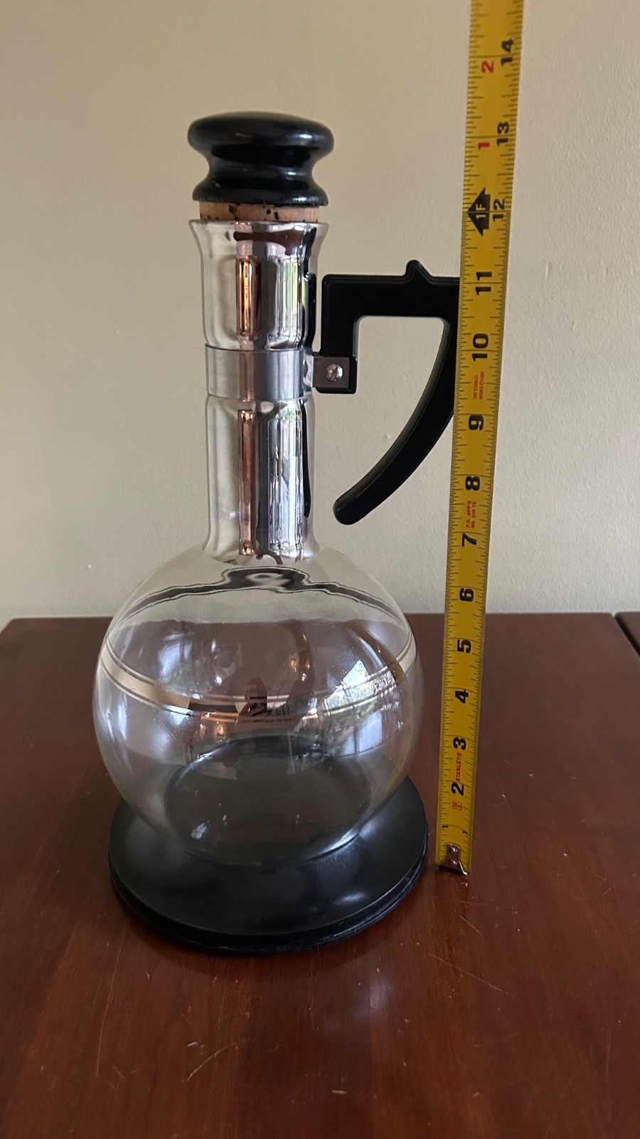Vintage Mid Century Inland Glass Carafe Decanter Bakelite Handle Platinum Trim