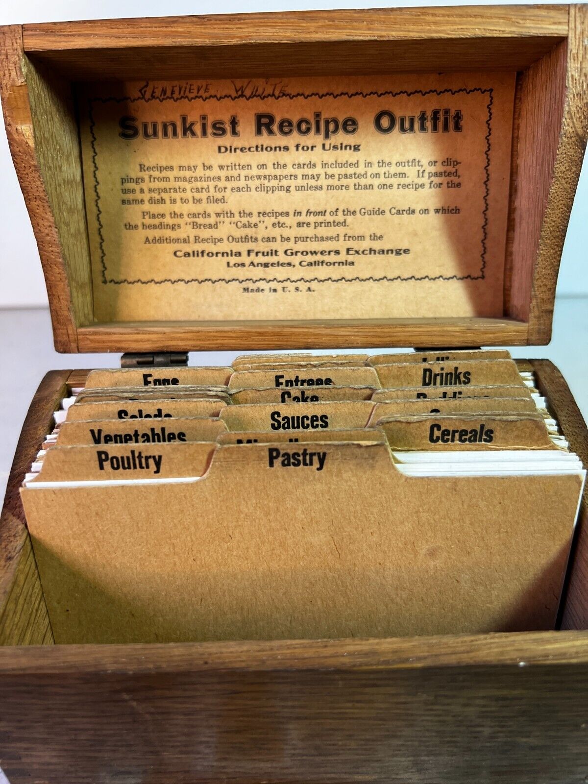 Antique Sunkist Wooden Recipe Box 1920's Dovetailed Old & New Recips Cards
