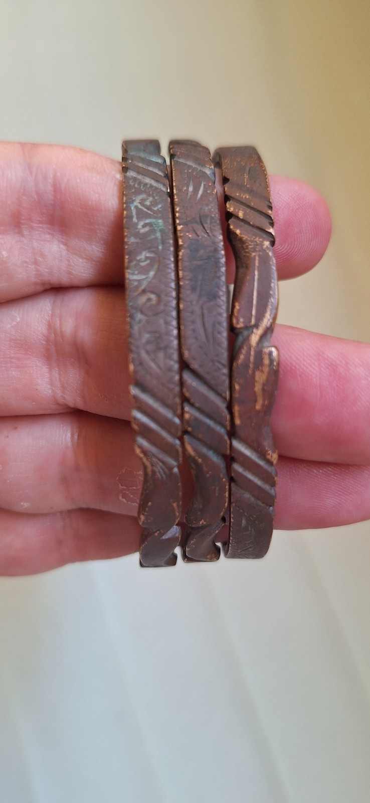 An extremely rare set of 3 ancient brass cuff bracelets