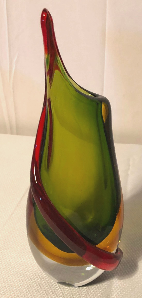 Mid Century Murano Sommerso Italy Art Glass Vase/Green/Yellow/Red Orange Applied