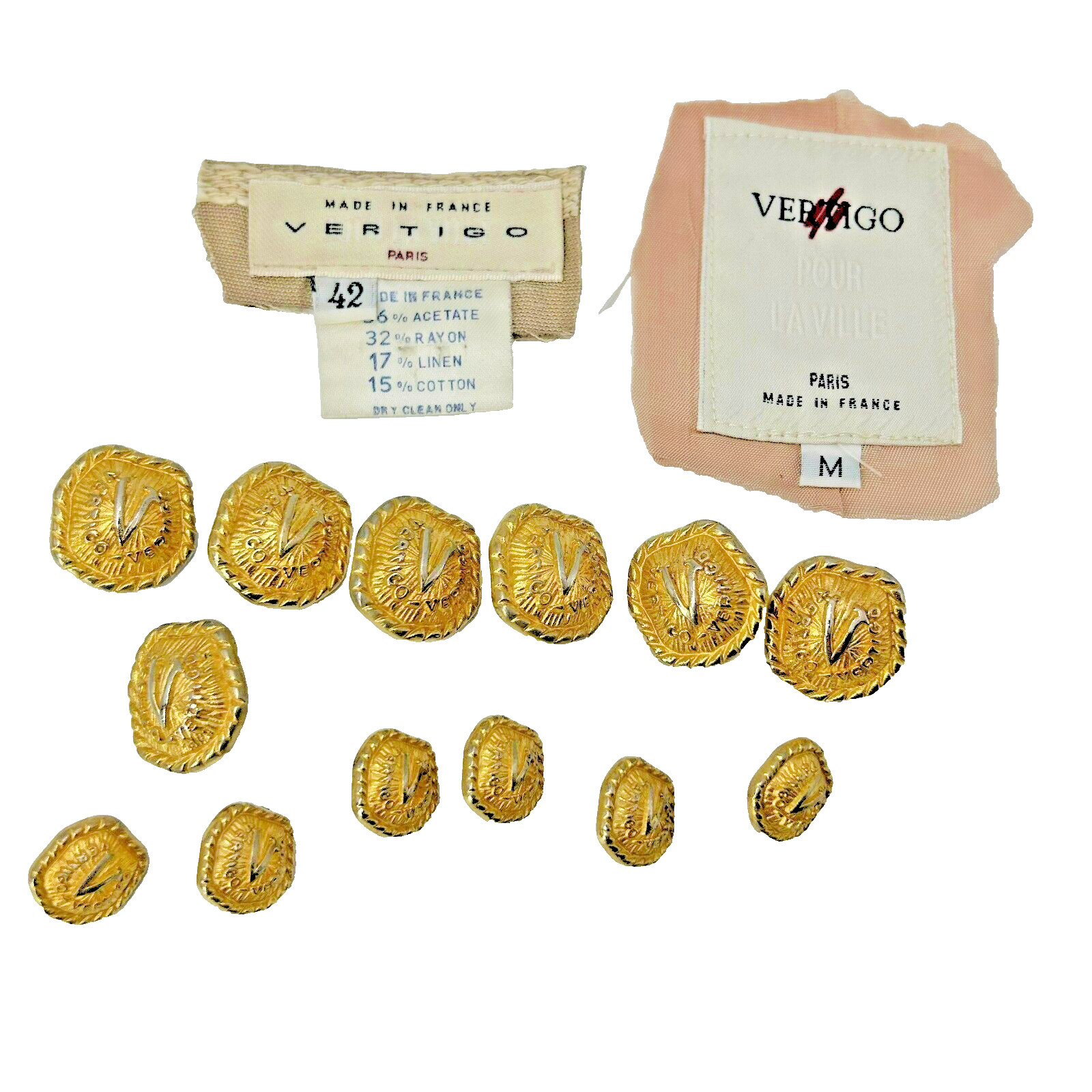Vertigo Paris 13 Gold Tone Round Rope y2k Logo Sewing Buttons Vintage France tag