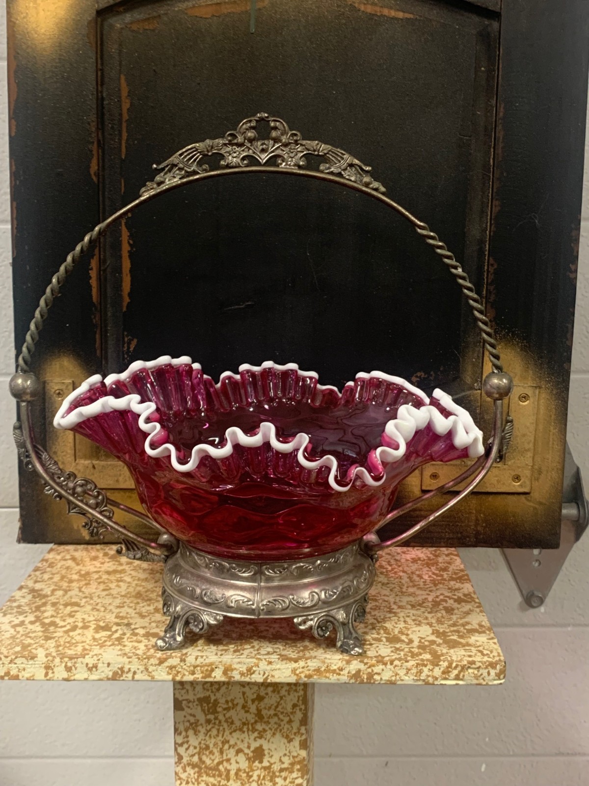 Fenton Cranberry Glass Bride’s Basket White Snow Crest Ruffled Rim Ornate Frame