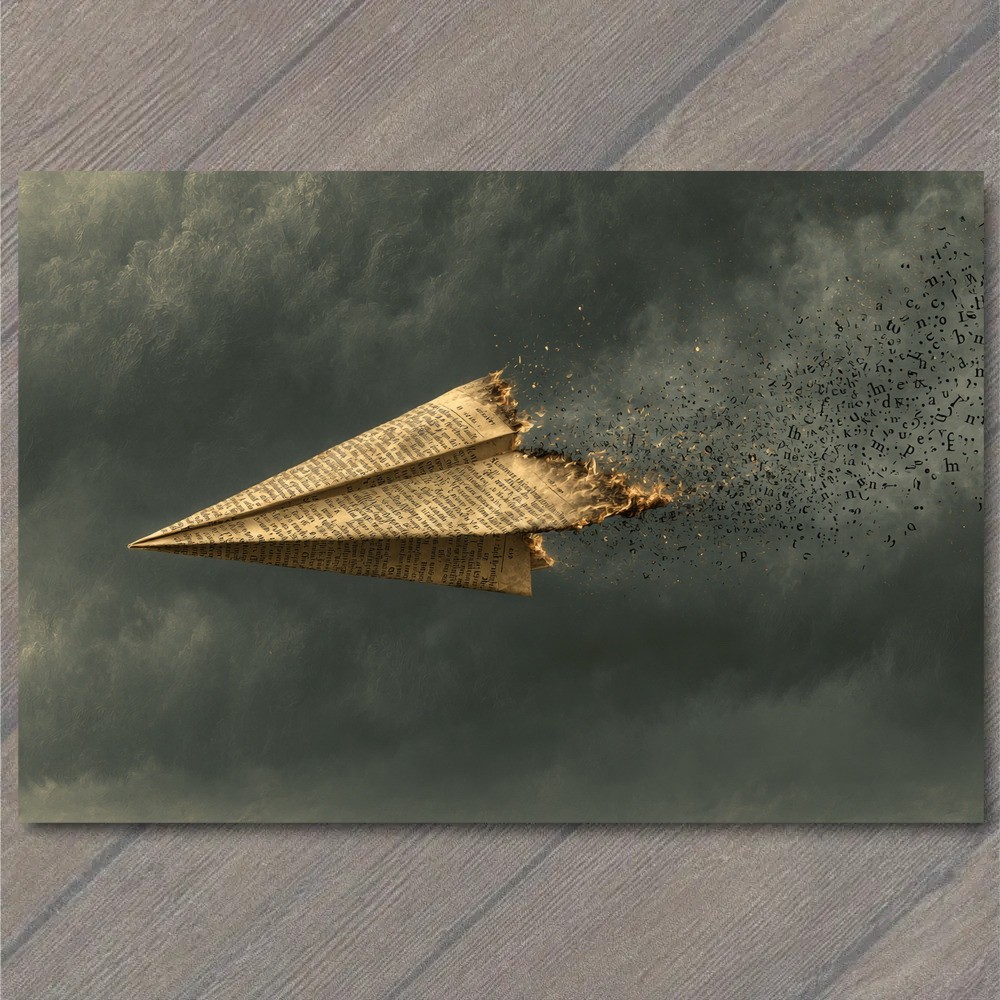 POSTCARD Burning Paper Airplane Letters Flying Dark Surreal Smoke Fantasy