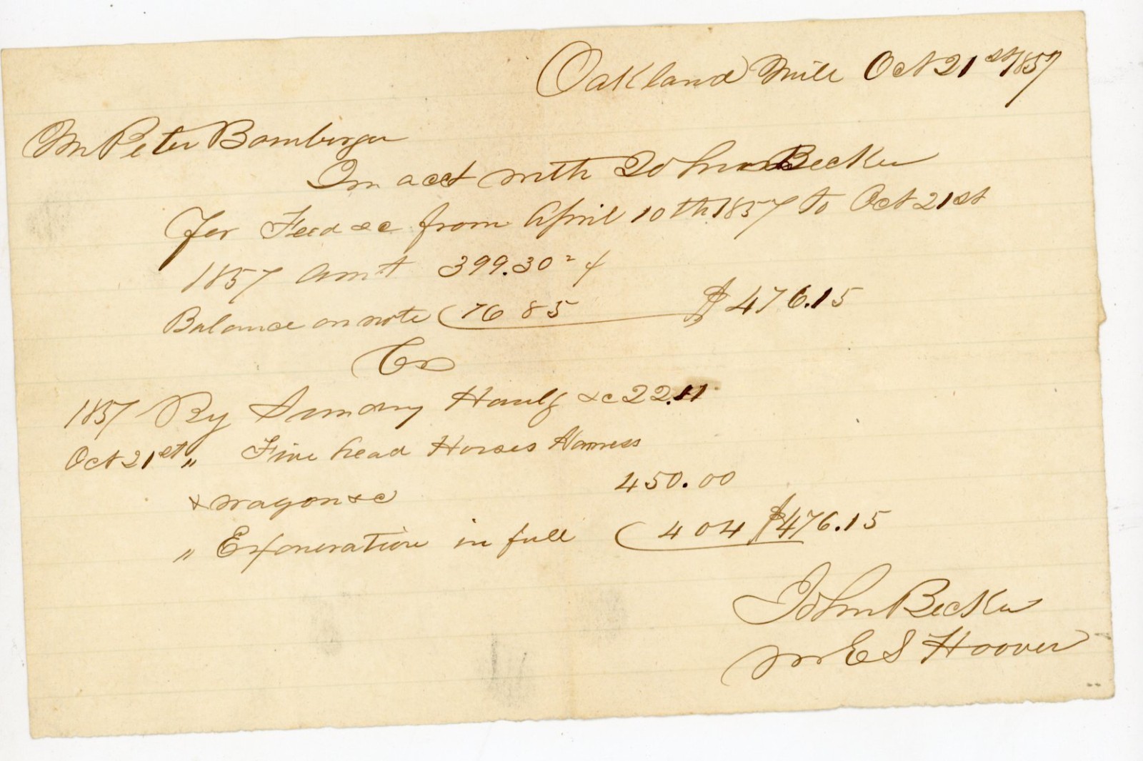 1857 Oakland Mill MD Handwritten Account Signed John Becker Hoover Maryland