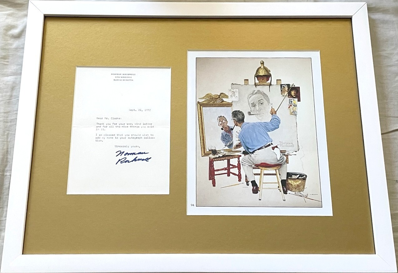Norman Rockwell autographed signed 1972 letter framed w/ 8x10 self portrait JSA