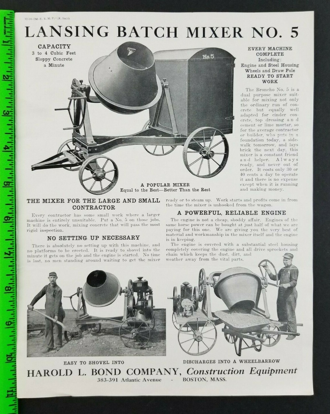 Vintage 1914 Lansing Construction Batch Cement Mixer Sales Flyer Brochure