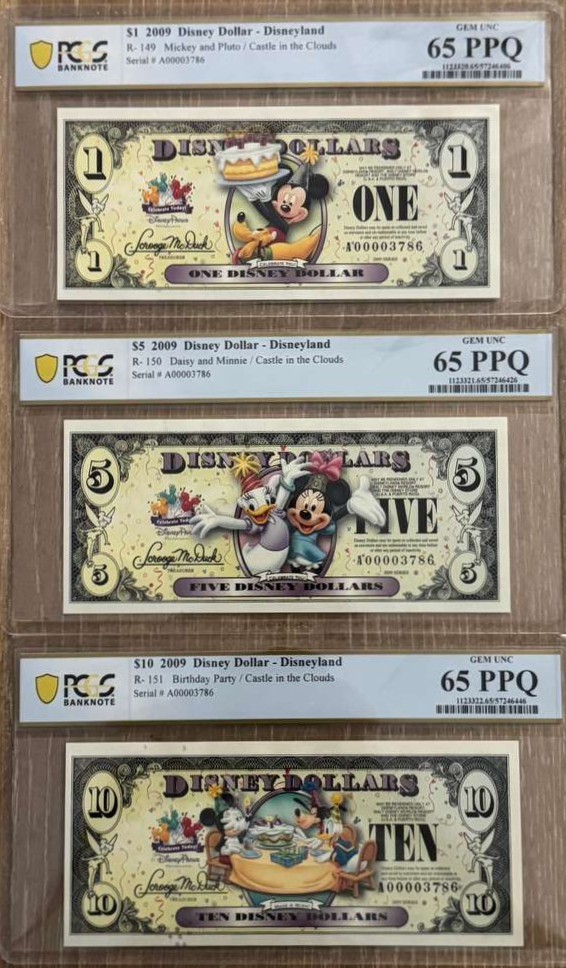 2009 $1/$5/$10 Disney Matching Serial 3 Notes Matching PCGS Graded 65/65/65 2009 $1/$5/$10 Disney Matching Serial 3 Notes Matching PCGS Graded 65/65/65