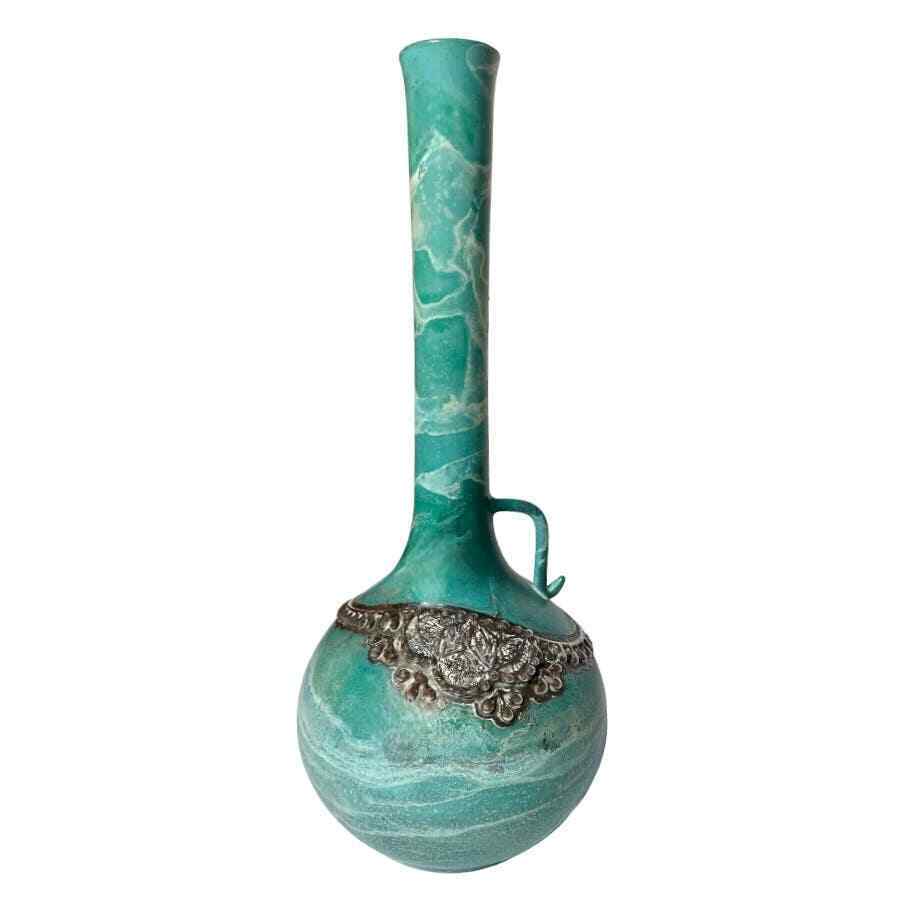 Vintage Art Glass Vase Signed Domar Israel .925 Silver Overlay Blue Green Swirl