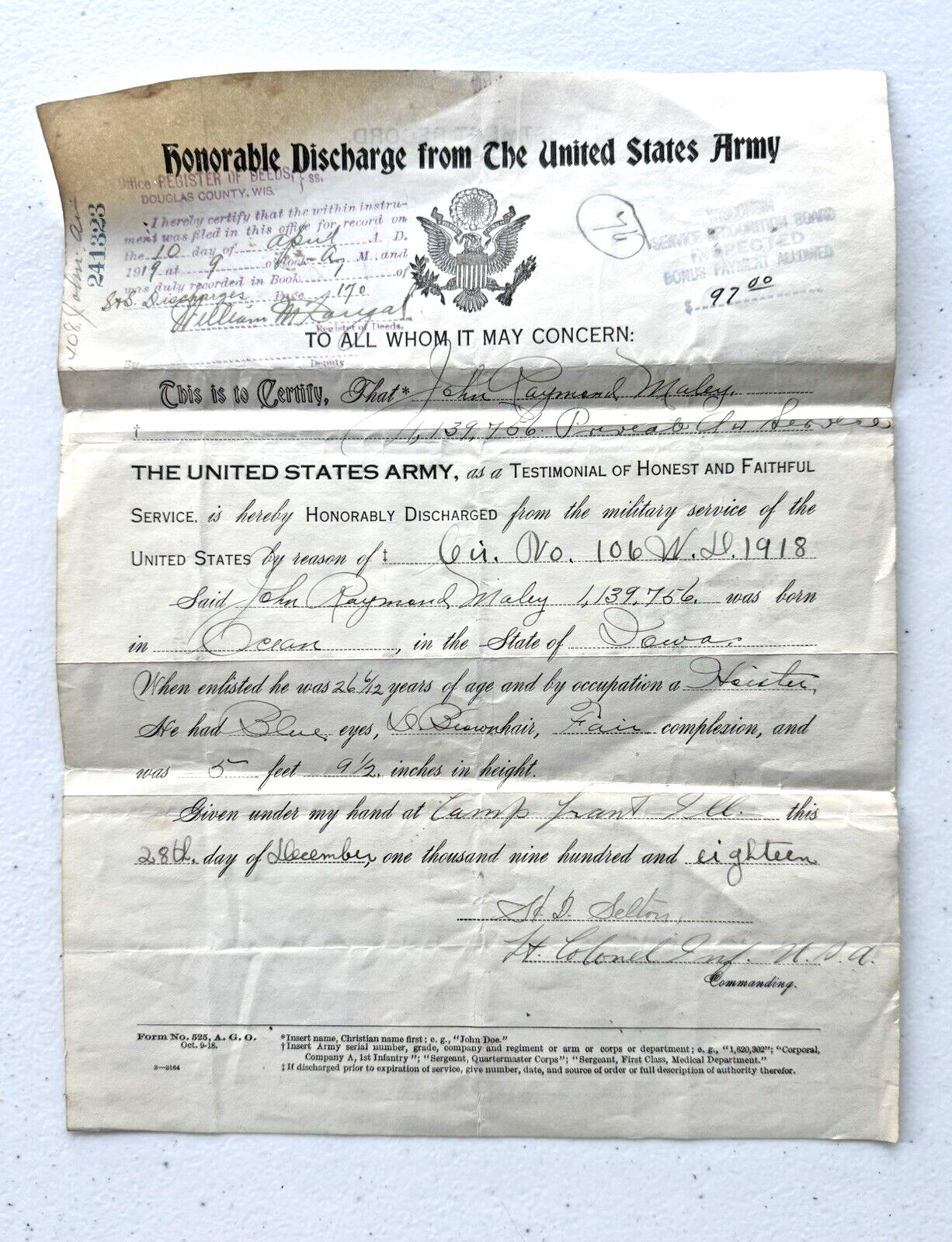 1918 WWI HONORBLE DISCHARGE PAPERS FROM THE UNITED STATES ARMY PRIVATE MALEY 1918 WWI HONORBLE DISCHARGE PAPERS FROM THE UNITED STATES ARMY PRIVATE MALEY