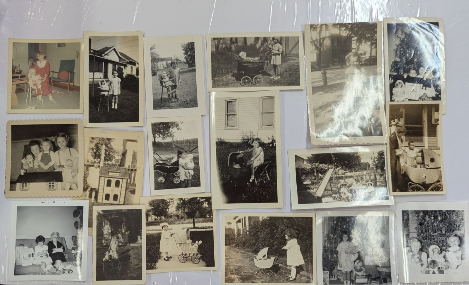 18 Vintage Photo Lot Baby Dolls Carriages Snapshots 1930s 40s 50s 60s Kids
