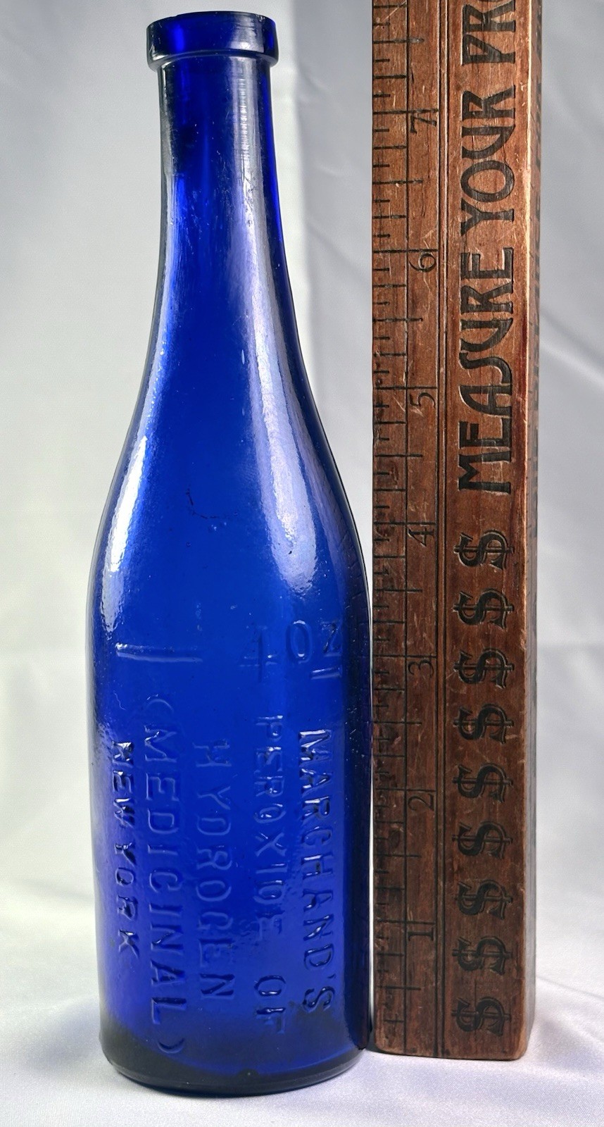 1880S TALL COBALT \'MARCHAND\'S PEROXIDE OF HYDROGEN\' BOTTLE NEW YORK NY USA 8\