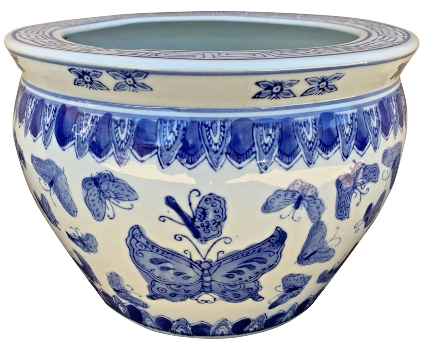 Chinoiserie Blue and White Porcelain Fishbowl Planter w/Butterflies