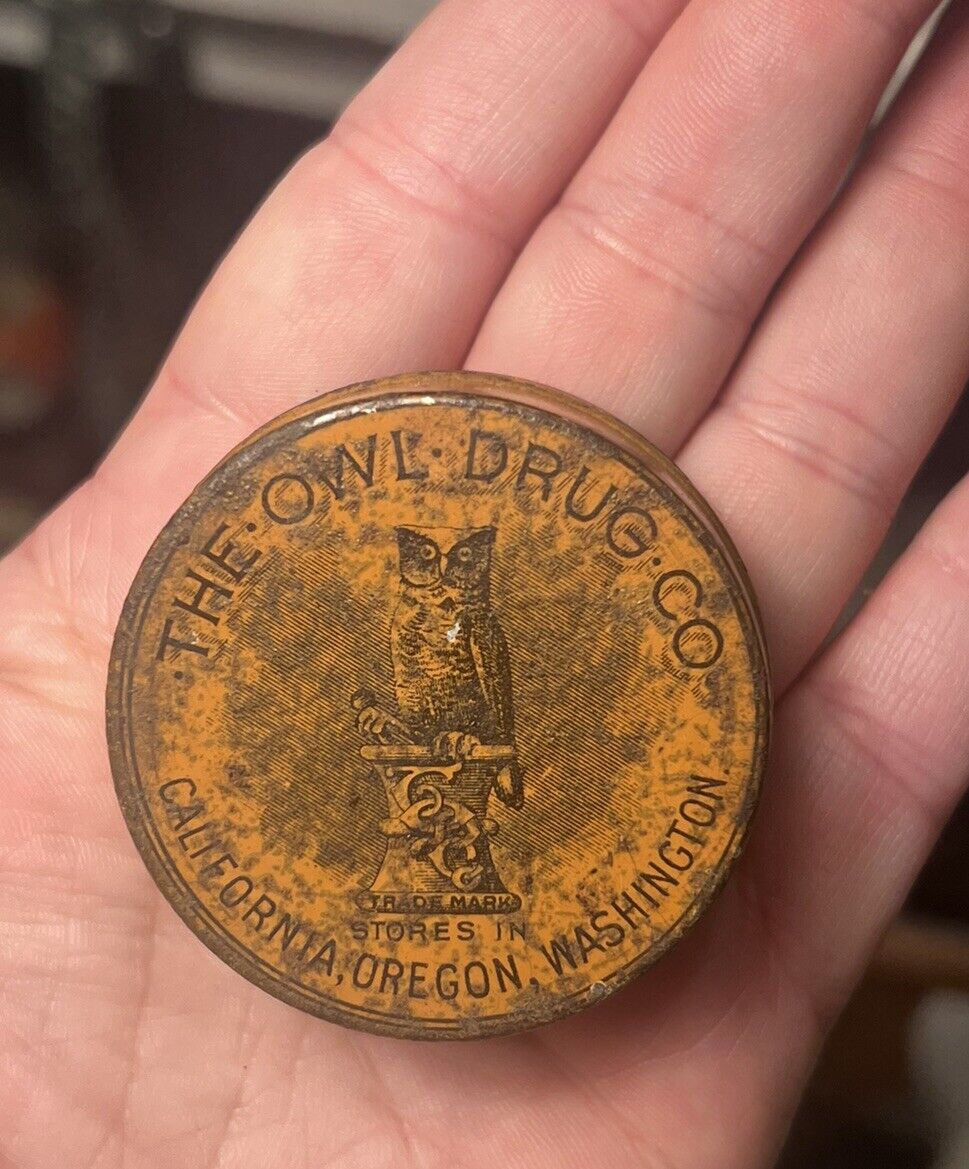 Rare Antique Owl Drug Co. Small Round Metal Advertising Tin