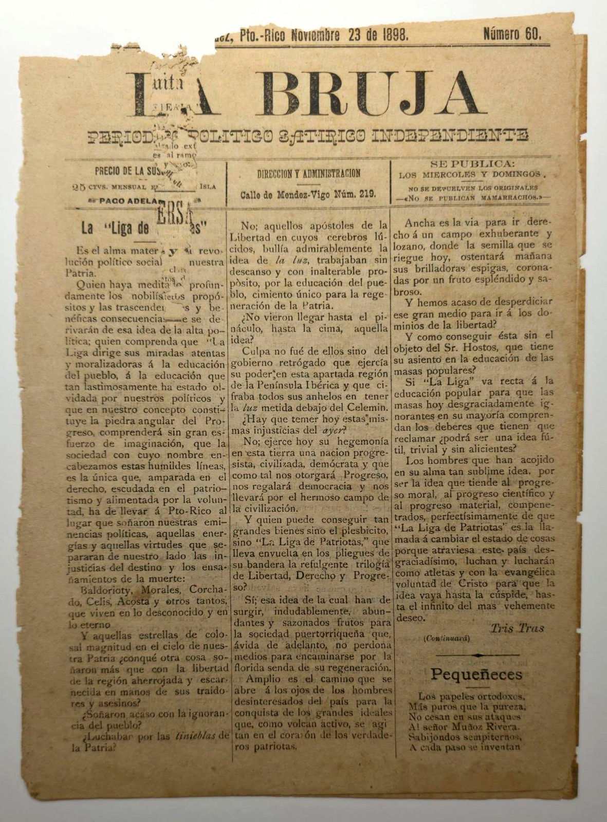 ANTIQUE NEWSPAPER / LA BRUJA / MAYAGUEZ PUERTO RICO 1898 VERY RARE