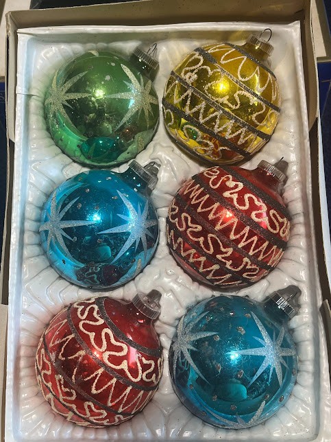 LARGE Christmas Ornaments Box of 6, MID CENTURY MODERN Glitter Stencil Germany