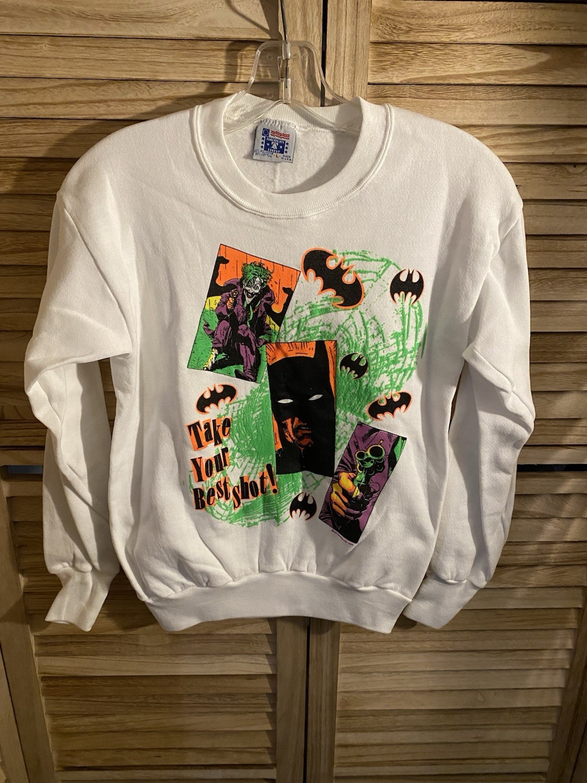 VINTAGE 80's Batman Joker Sweatshirt Boys Size L America's Finest Florescent NEW VINTAGE 80's Batman Joker Sweatshirt Boys Size L America's Finest Florescent NEW