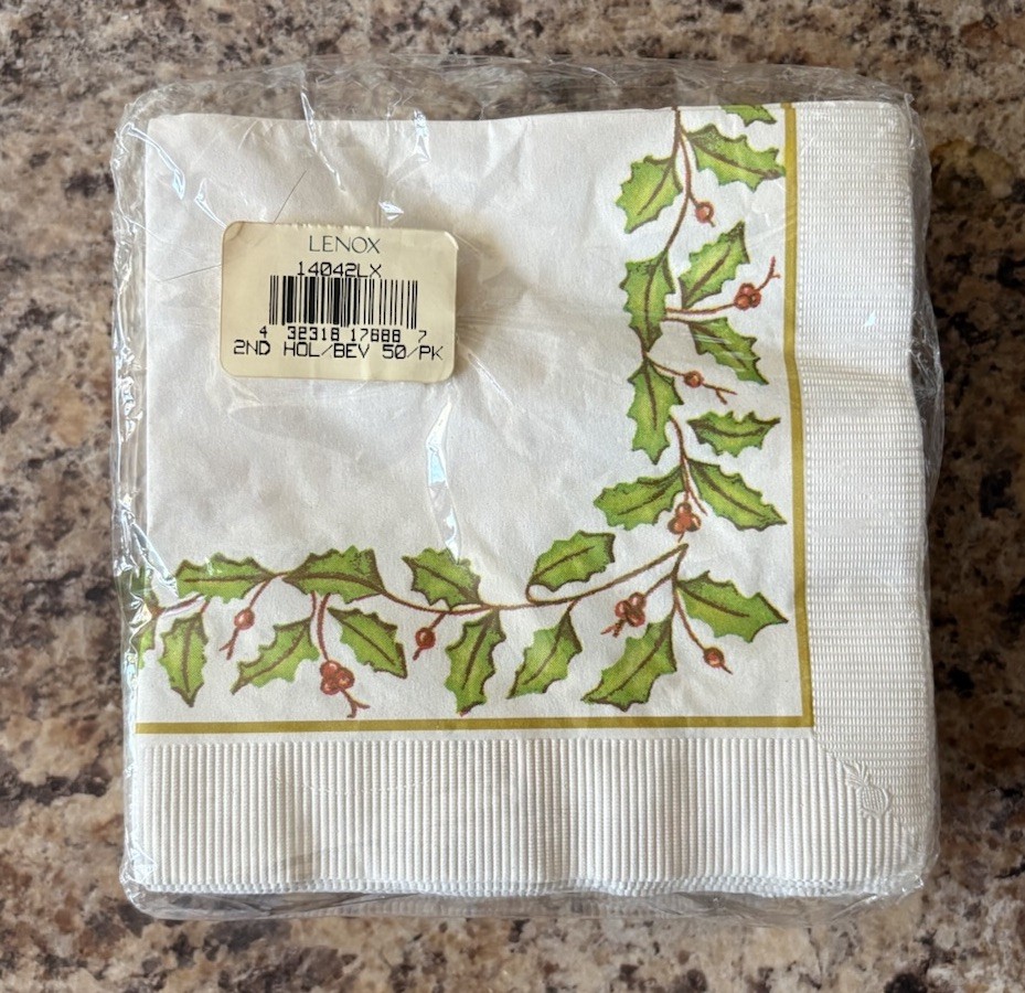 VTG LENOX Holiday Beverage NAPKINS Holly Berries Paper Christmas 5” x 5”-Sealed