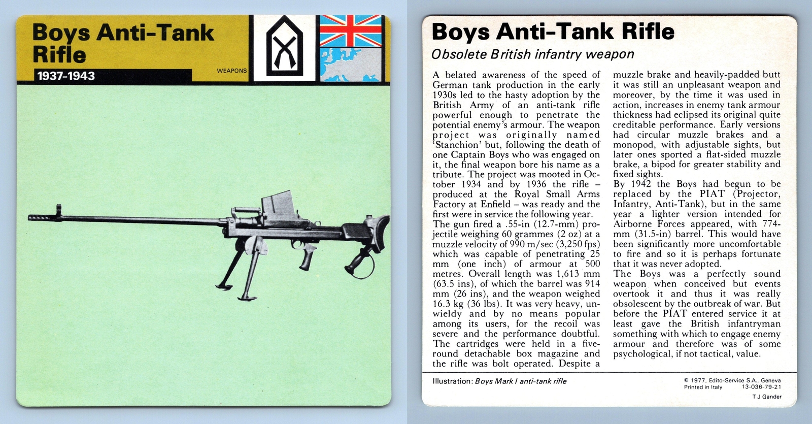 Boys Anti-Tank Rifle - 1937-43 - Weapons - WW2 Edito-Service SA 1977 Card Boys Anti-Tank Rifle - 1937-43 - Weapons - WW2 Edito-Service SA 1977 Card