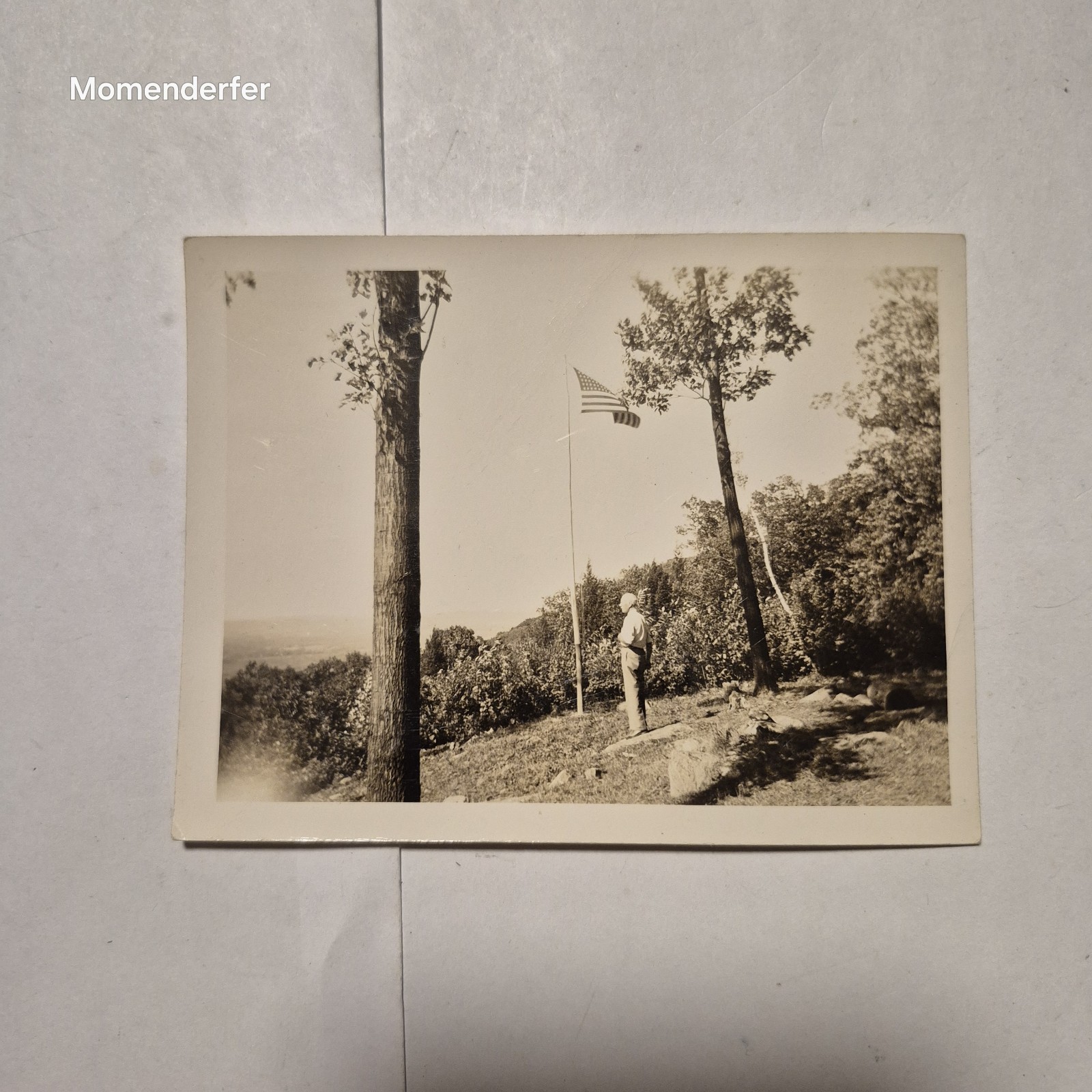 Vintage Sepia Snapshot Photo Man American Flag Mountain Overlook 1930s-40s