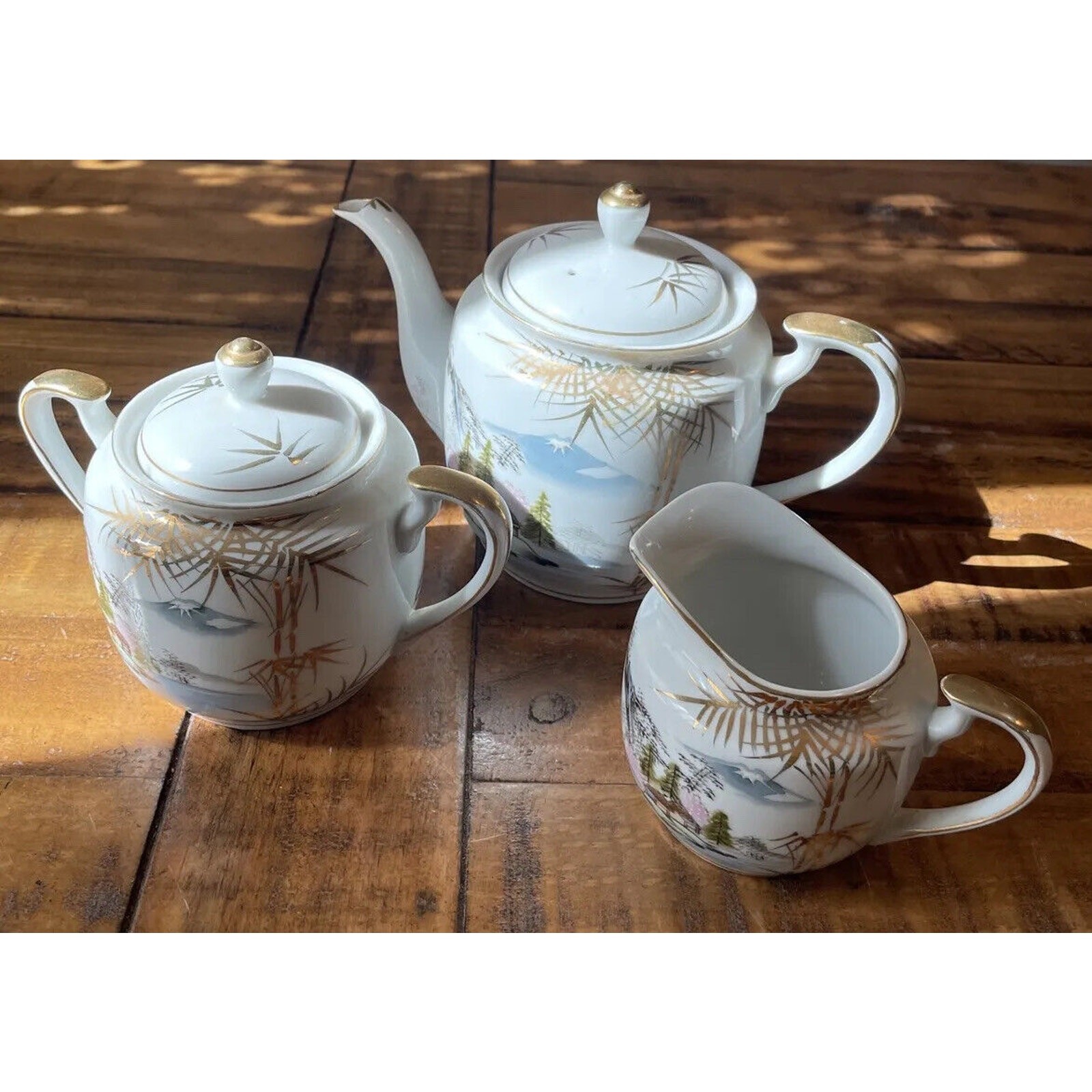 Vtge KUTANI Japanese Eggshell Porcelain Tea Set White Hand Painted W/ Gold.