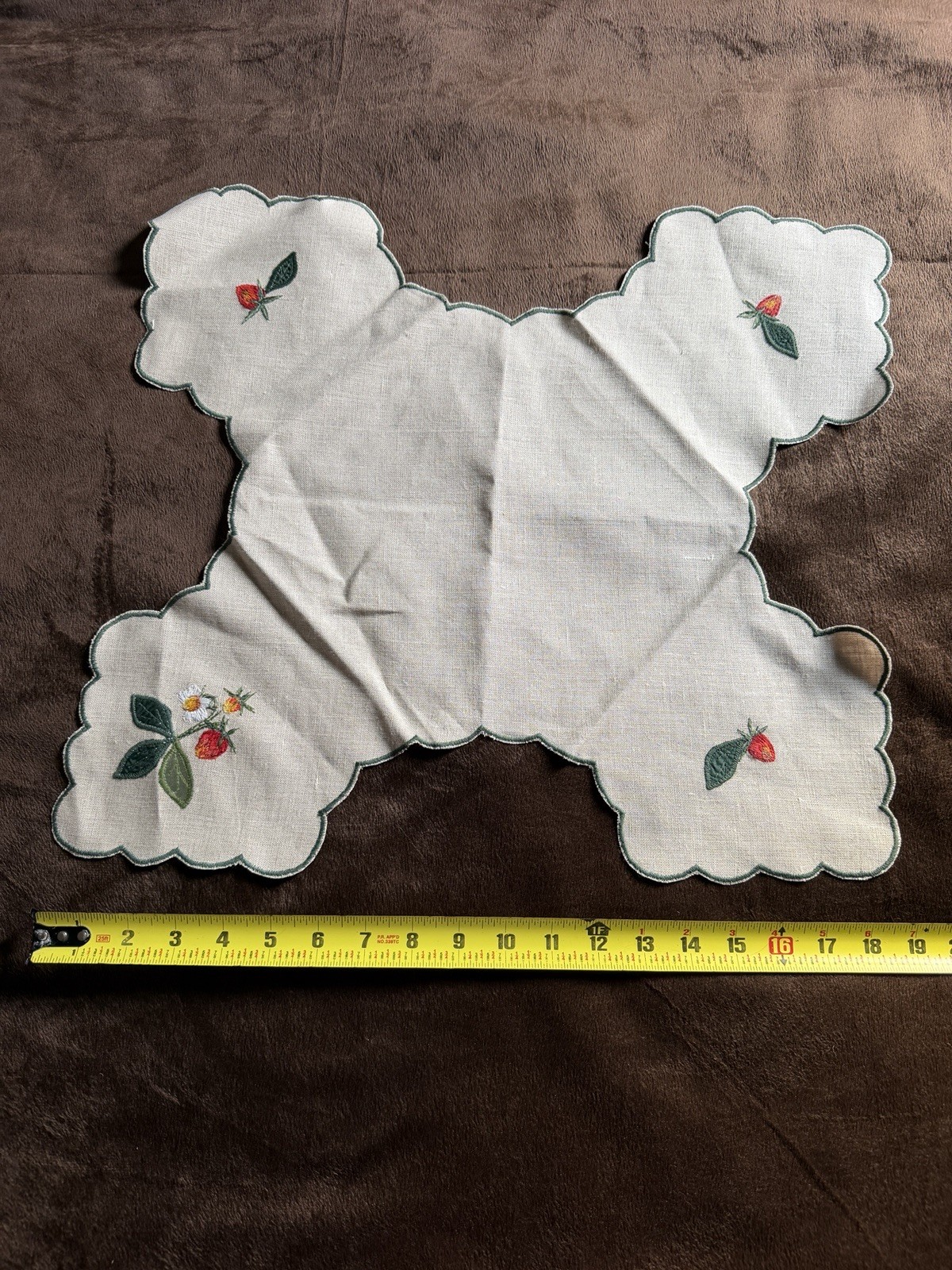 Vintage 1970s Handmade Embroidered Strawberry Table Topper Scalloped Edge