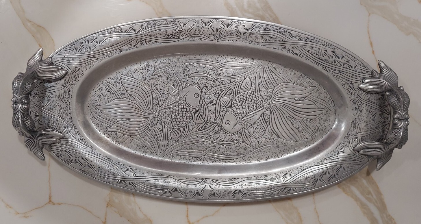 RARE Arthur Court Designs Serving Tray Platter 1979 Koi Fish Handled 24