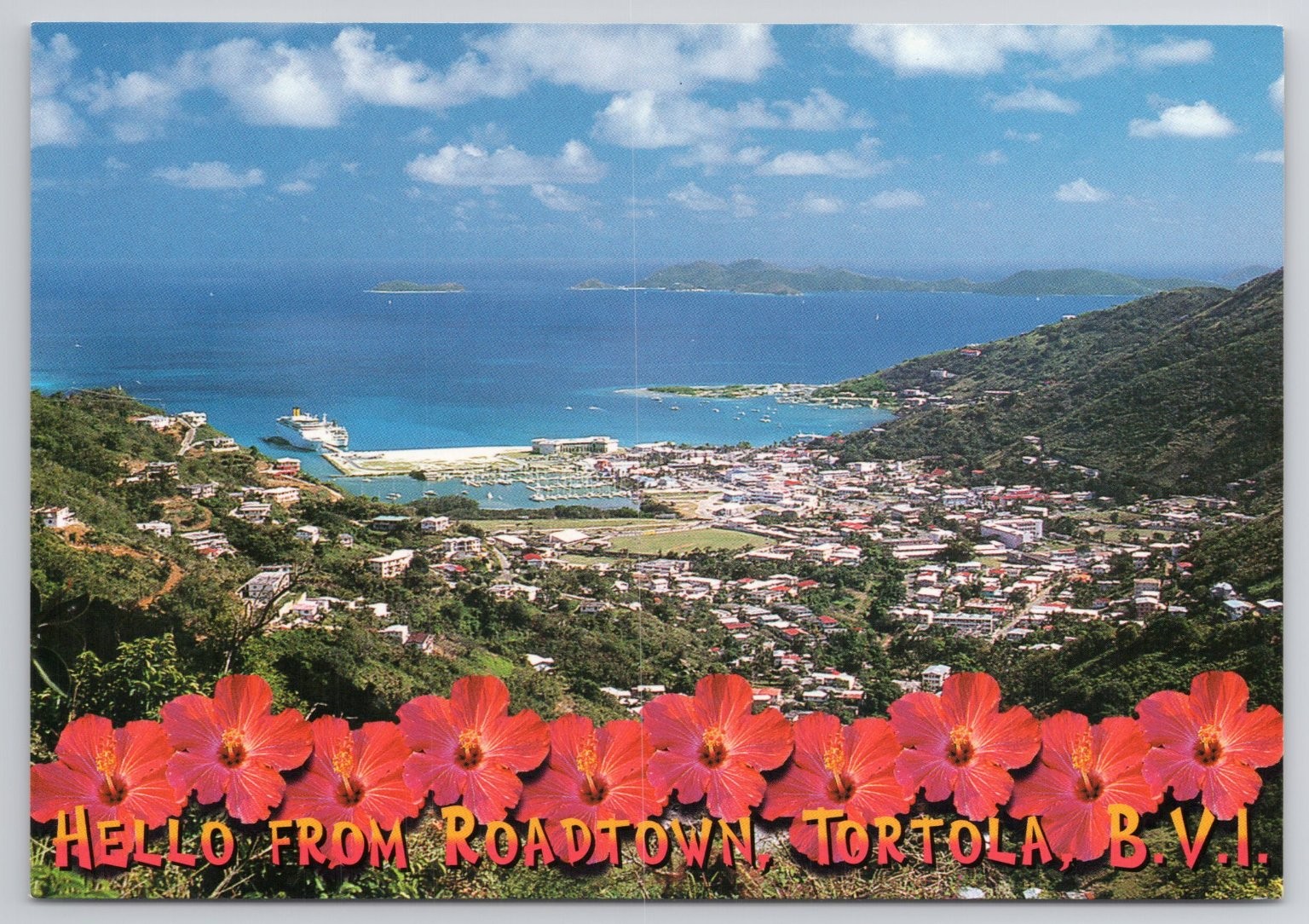 Roadtown Tortola BVI Postcard Panoramic View Hibiscus & Recipe M&M Postcards