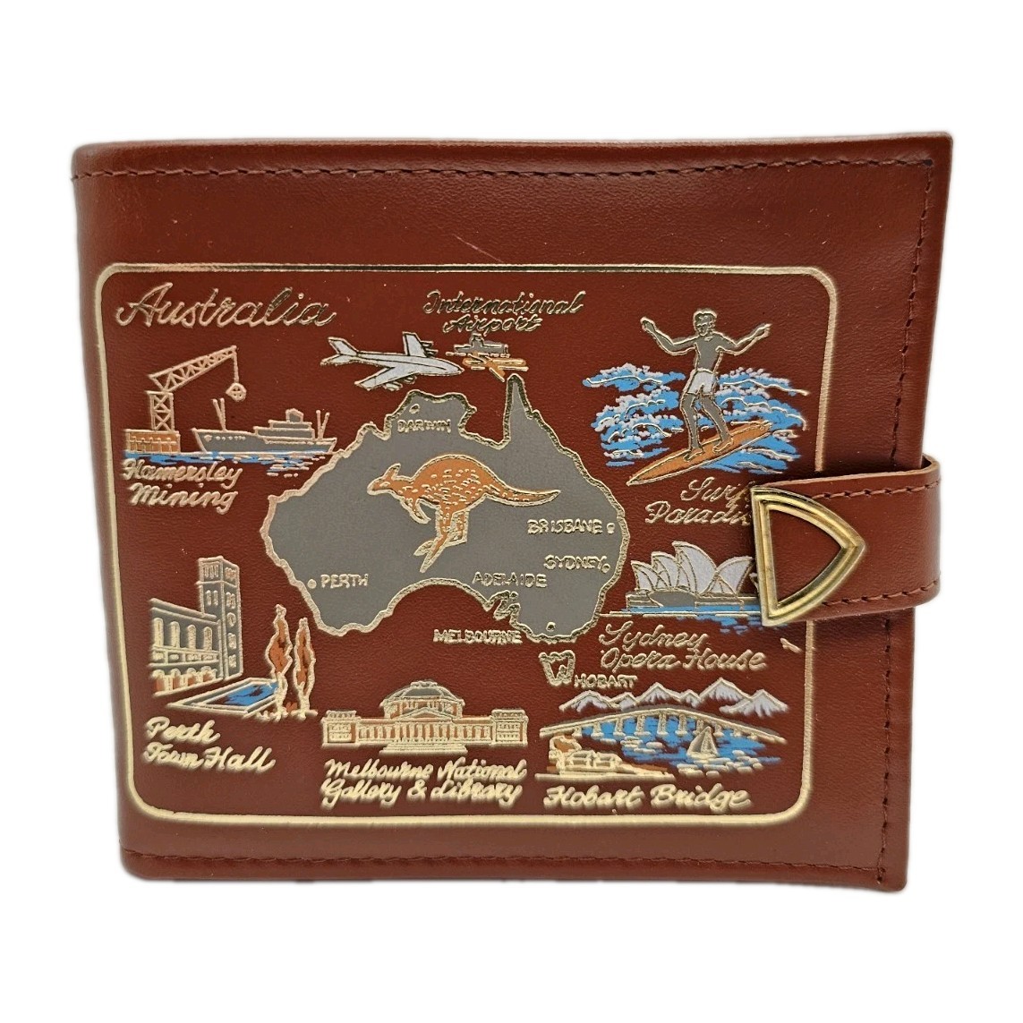 Vintage Genuine Leather Australia Map Souvenir Bifold Wallet H Leathergoods Brow