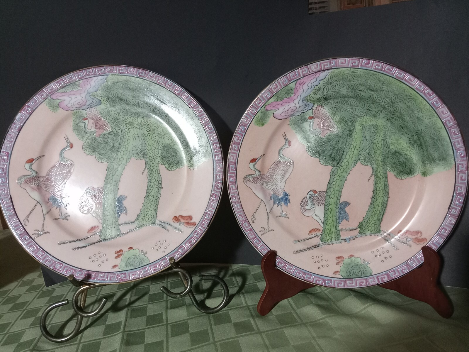 Vintage Two Oriental Platter Plates Hand Painted Fujian W/ Birds Cranes.