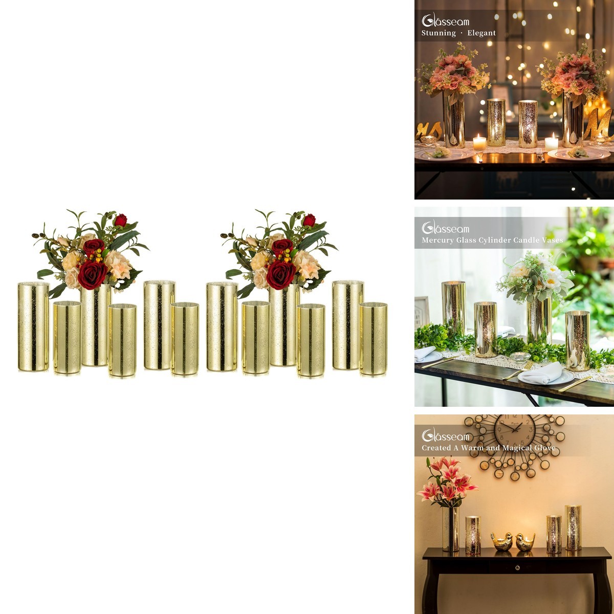 Glasseam Gold Cylinder Vases 12 Pcs Hurricane Glass for Centerpieces Glasseam Gold Cylinder Vases 12 Pcs Hurricane Glass for Centerpieces