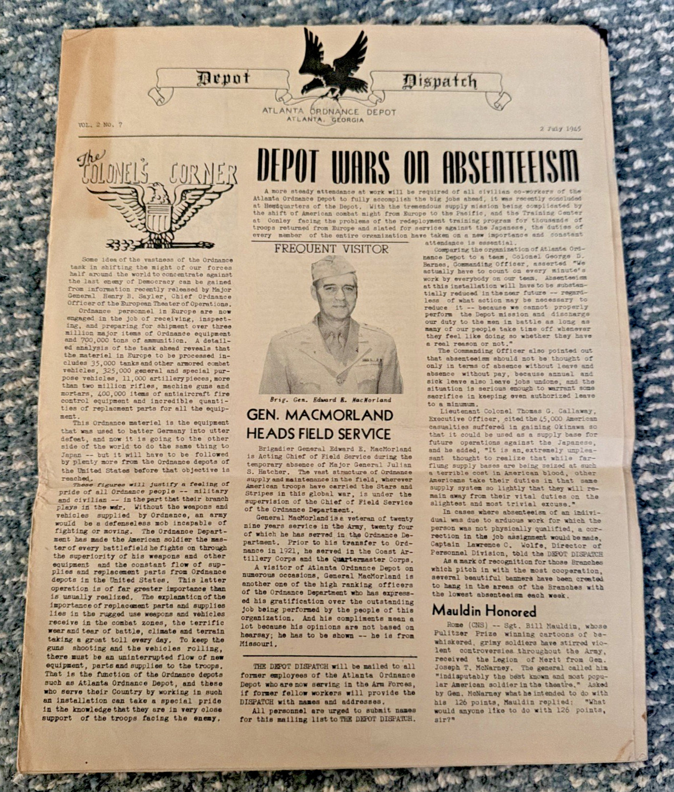 July 2, 1945 Atlanta Ordnance Depot Dispatch Vol. 2 No. 7 WWII Newspaper RARE