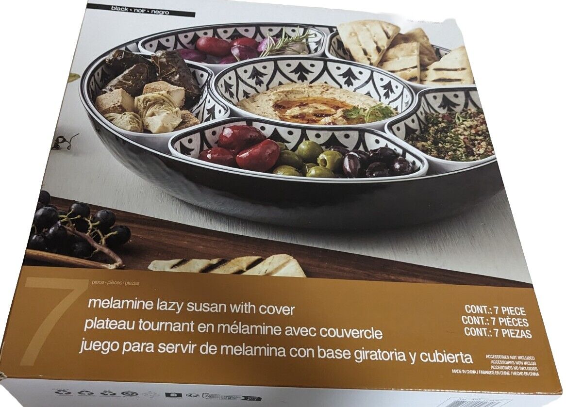 7 Piece Melamine Lazy Susan With Cover Divided Serving Dishes Black