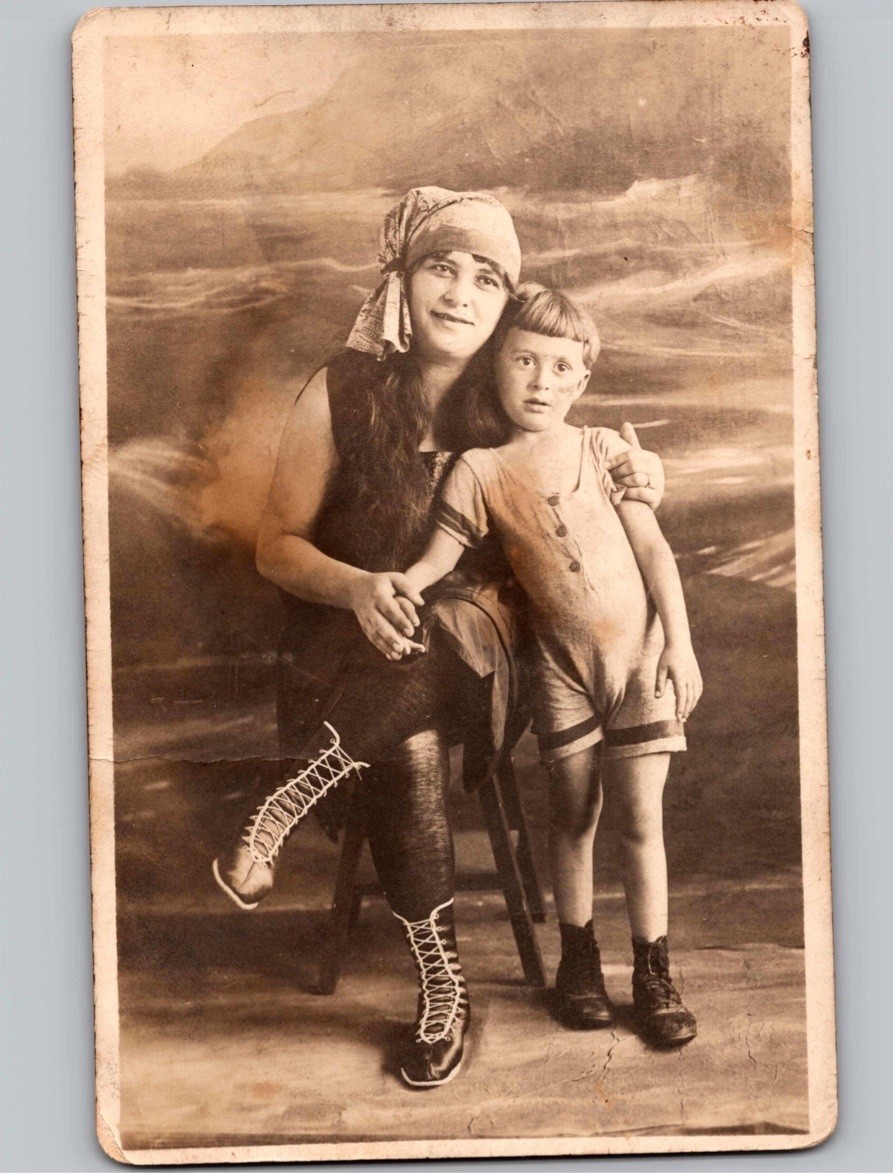 c1915 Bathing Beauty Woman & Child Studio Beach Backdrop Artura RPPC Postcard
