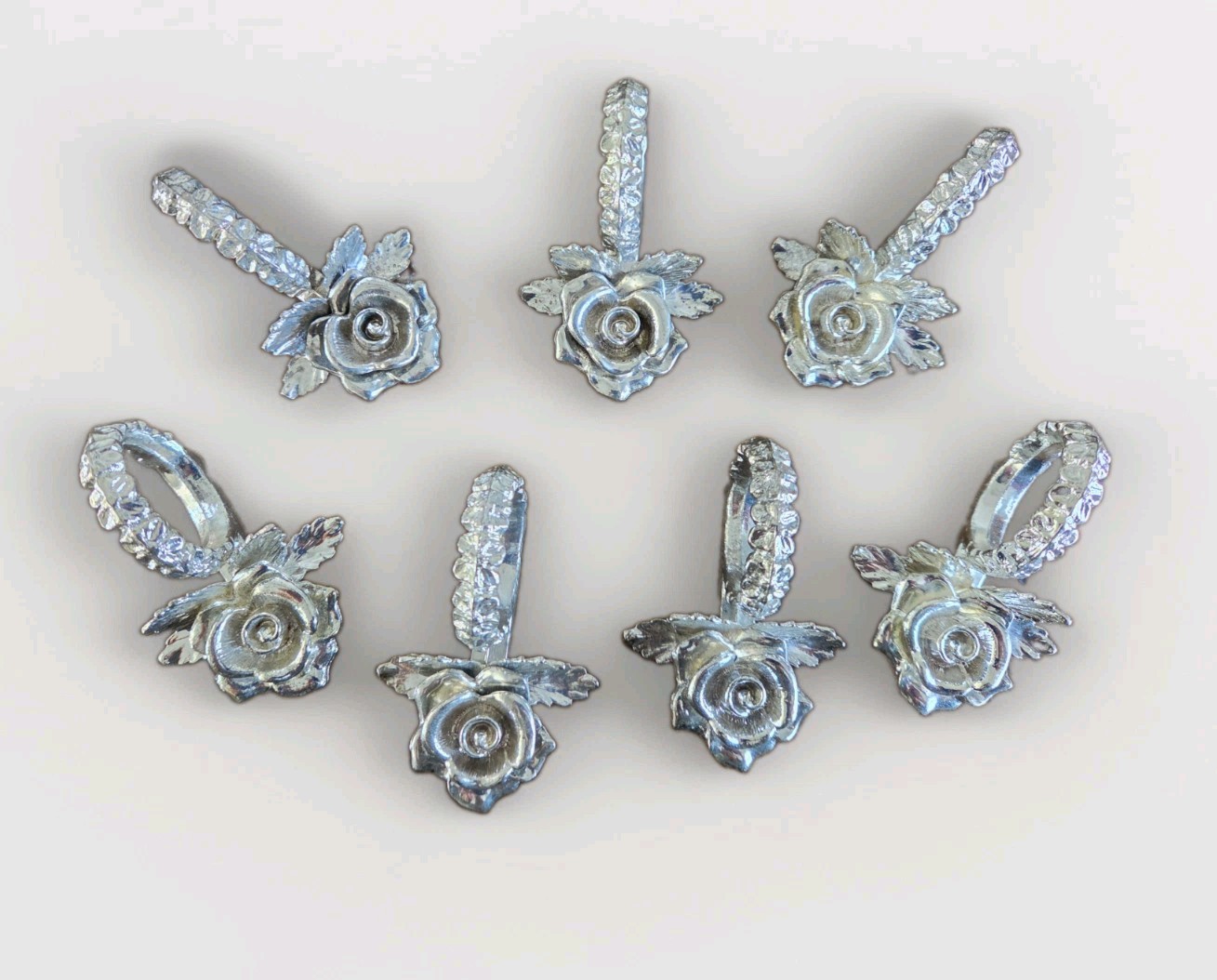 Set of 7 Vintage Silver Tone Heavy Metal Rose Napkin Rings/Card Holders 