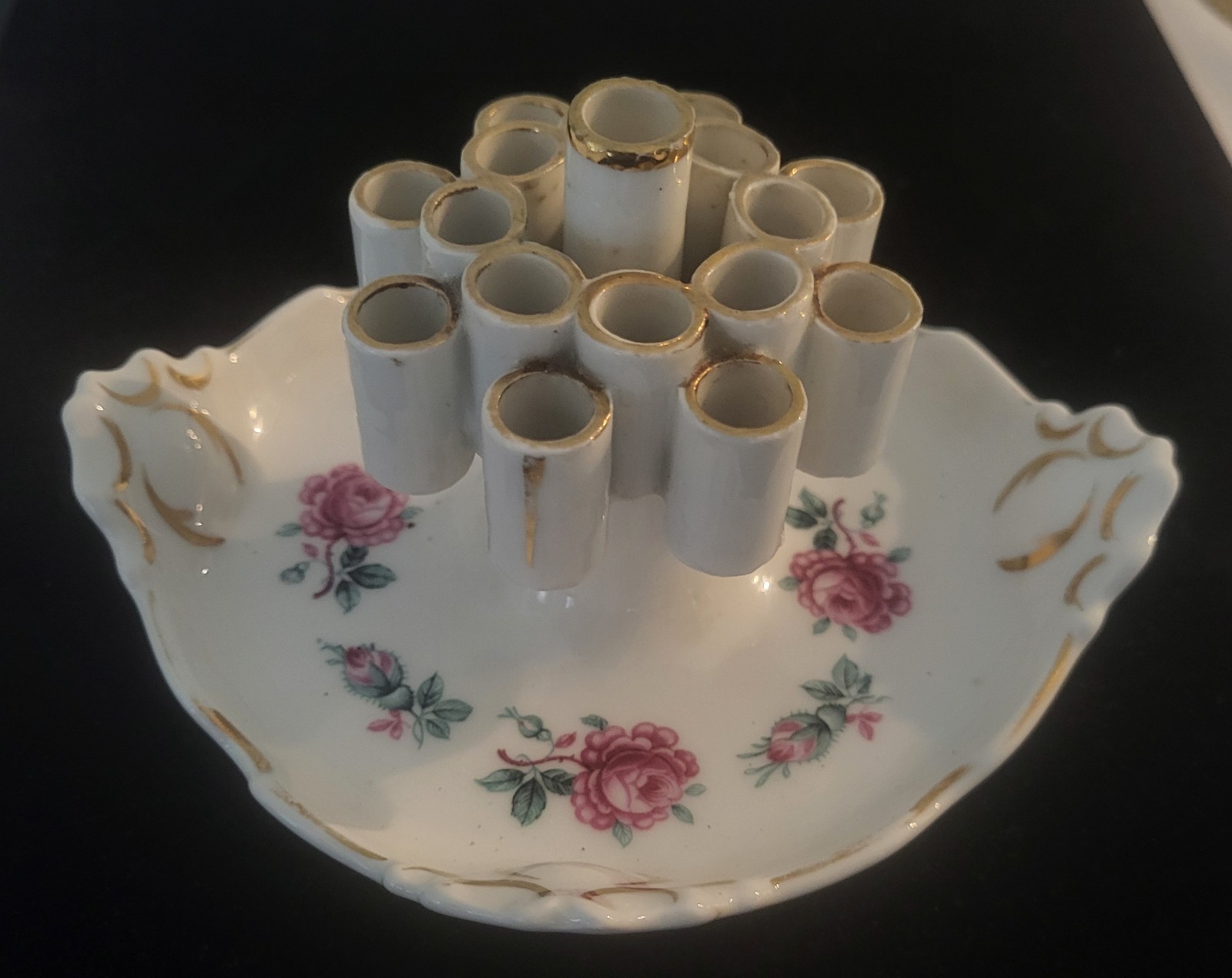 Vintage Erphila Germany Porcelain Cigarette Holder Ashtray Pink Roses Gold Trim