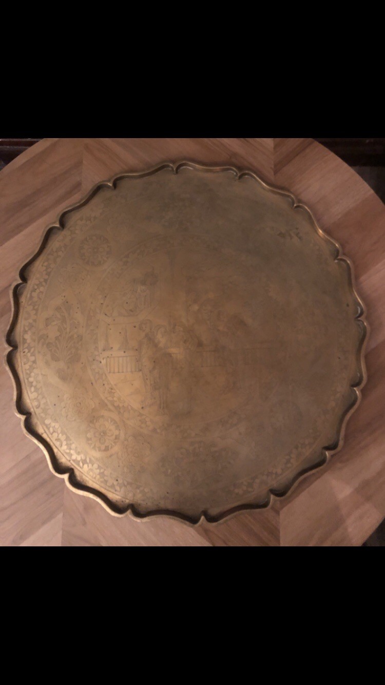 Vintage Mid Century Asian Etched Brass Tray Large 22” Lotus Blossom Rim Vintage Mid Century Asian Etched Brass Tray Large 22” Lotus Blossom Rim