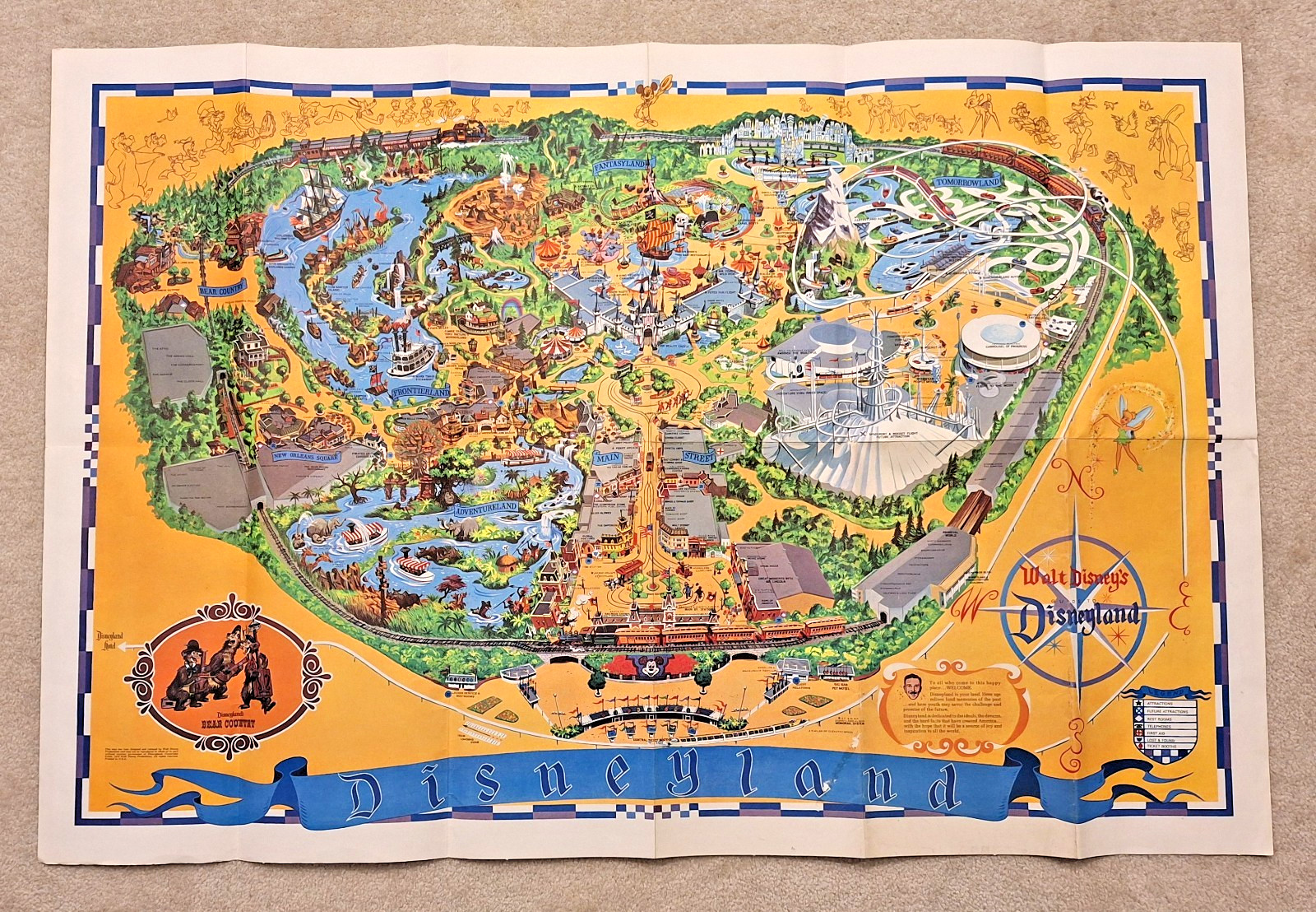 Vintage 1972 Walt Disney Guide to Disneyland Souvenir Wall Map Large 30x44 RARE