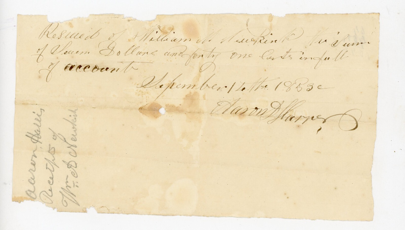 1853 Handwritten Receipt Salem NJ Signed William Newkirk & Aaron Harris Antique