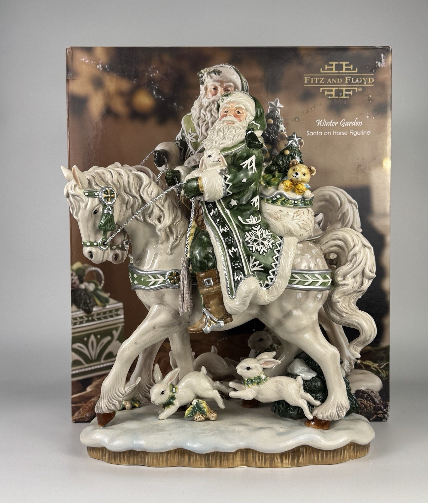 Fitz & Floyd Winter Garden Santa on Horse Figurine w Box Large 16”